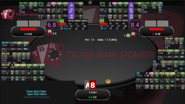 The TBP SPIN HUD is a comprehensive Heads-Up Display (HUD) designed by Team Bas Poker (TBP) for Spin & Go poker. It displays various statistics and data overlays on the poker table, helping players make informed decisions. The HUD includes key information like player stack sizes, positions, aggression levels, and more. It's a valuable tool for players seeking an edge in their poker strategy.